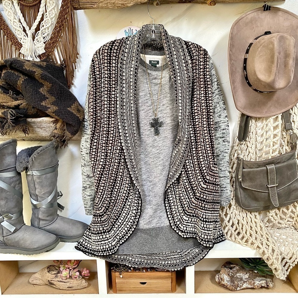 Macrame knit vibe boho long duster cardigan w cottage prairie cabin vibe